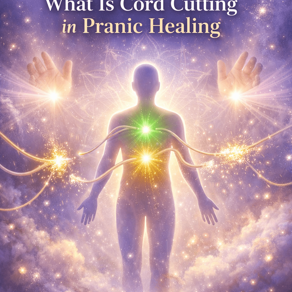 What is cord cutting in pranic healing spiritual energy release illustration with glowing chakras